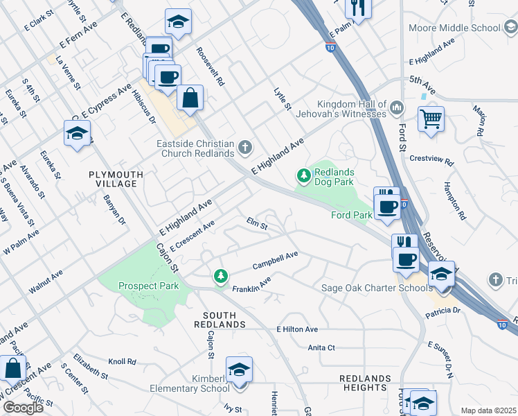 map of restaurants, bars, coffee shops, grocery stores, and more near 5 Bow C Street in Redlands
