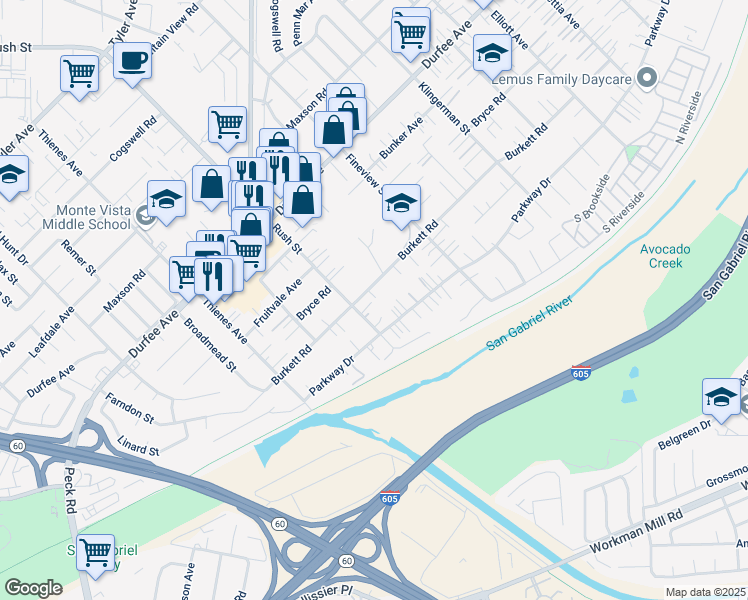 map of restaurants, bars, coffee shops, grocery stores, and more near 12512 Rush Street in South El Monte
