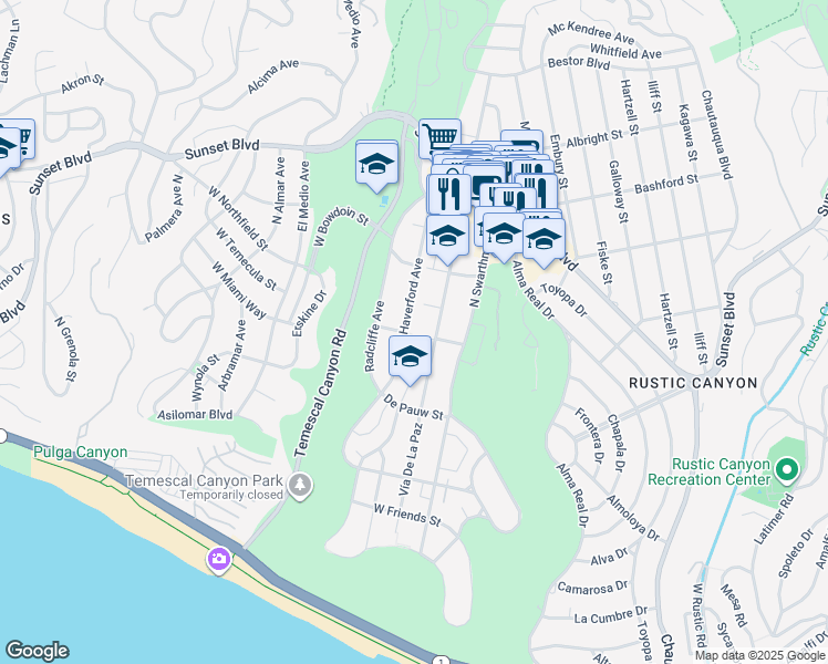 map of restaurants, bars, coffee shops, grocery stores, and more near 700 Haverford Avenue in Los Angeles