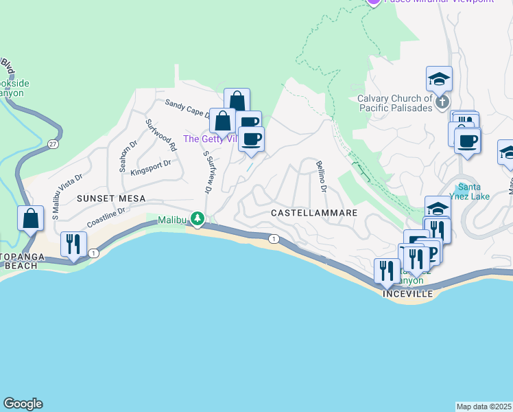 map of restaurants, bars, coffee shops, grocery stores, and more near 17876 Vicino Way in Los Angeles