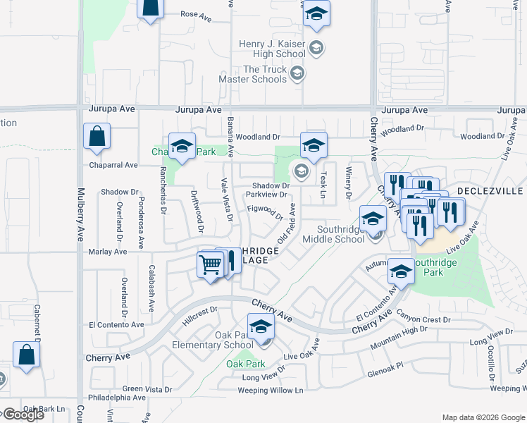 map of restaurants, bars, coffee shops, grocery stores, and more near 14223 Figwood Drive in Fontana