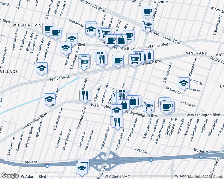 map of restaurants, bars, coffee shops, grocery stores, and more near 5036 Pickford Street in Los Angeles
