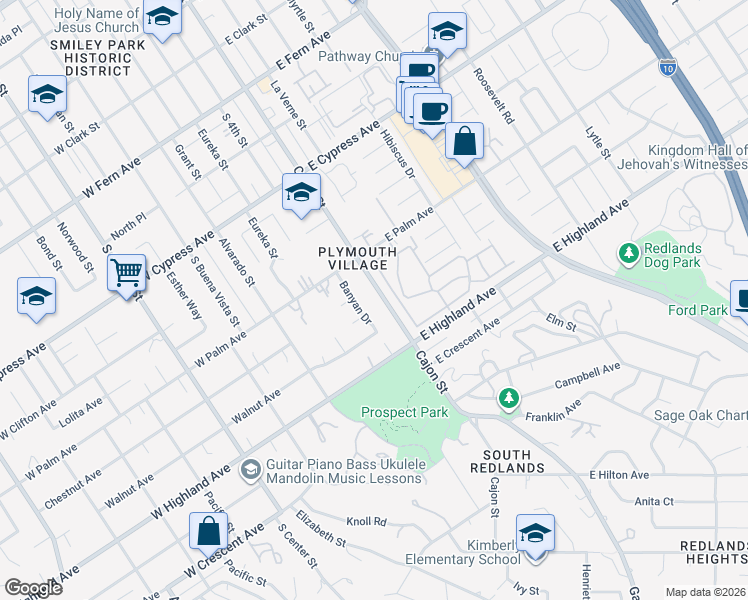 map of restaurants, bars, coffee shops, grocery stores, and more near 918 Cajon Street in Redlands