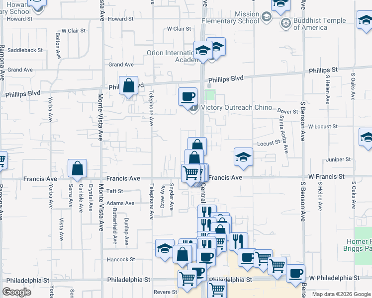 map of restaurants, bars, coffee shops, grocery stores, and more near 11606 Cantara Drive in Chino