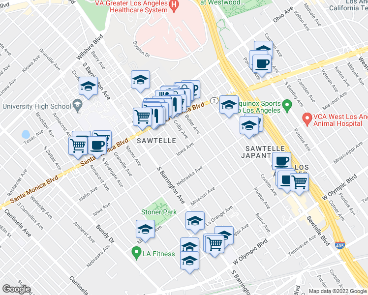 map of restaurants, bars, coffee shops, grocery stores, and more near 11578 Iowa Avenue in Los Angeles