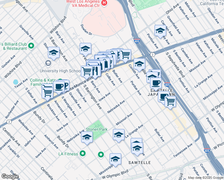 map of restaurants, bars, coffee shops, grocery stores, and more near 11565 Iowa Avenue in Los Angeles