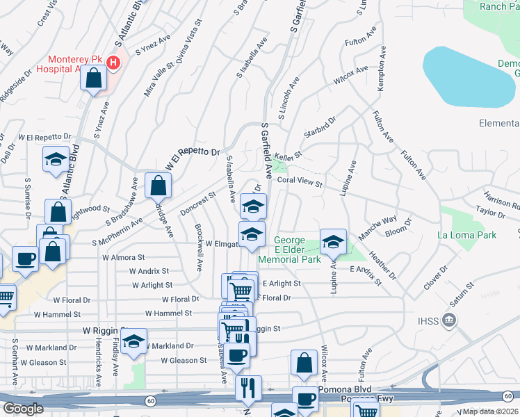 map of restaurants, bars, coffee shops, grocery stores, and more near 1864 Cliffhill Drive in Monterey Park