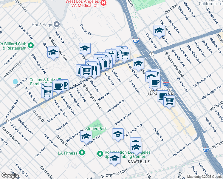 map of restaurants, bars, coffee shops, grocery stores, and more near 11578 Iowa Avenue in Los Angeles