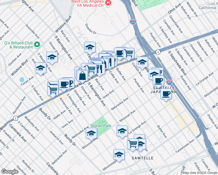 map of restaurants, bars, coffee shops, grocery stores, and more near 1665 Federal Avenue in Los Angeles