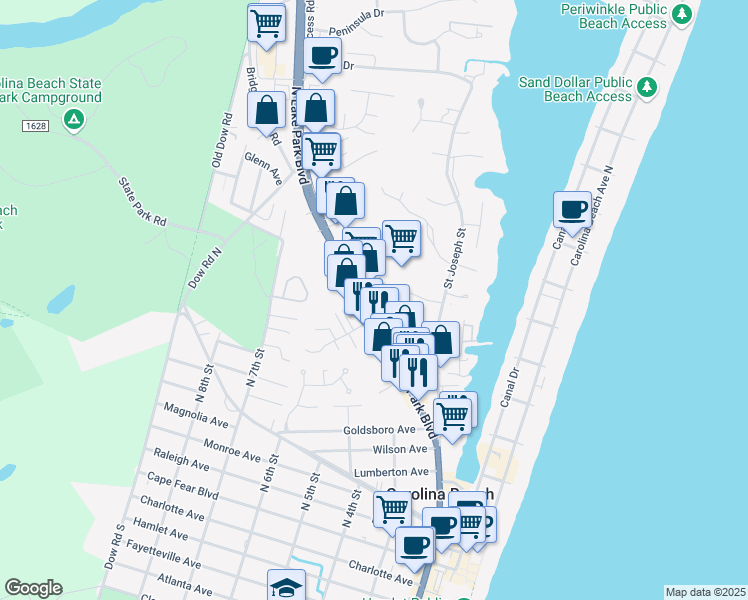 map of restaurants, bars, coffee shops, grocery stores, and more near 1010 North Lake Park Boulevard in Carolina Beach