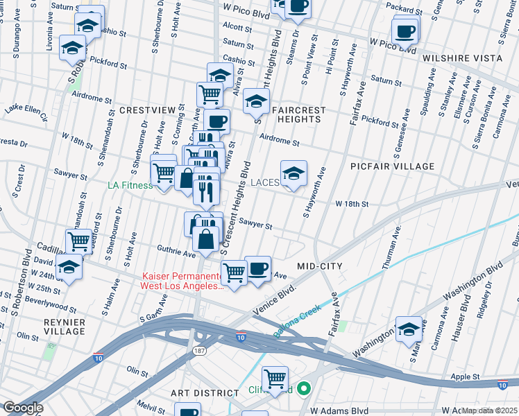 map of restaurants, bars, coffee shops, grocery stores, and more near 1834 Stearns Drive in Los Angeles