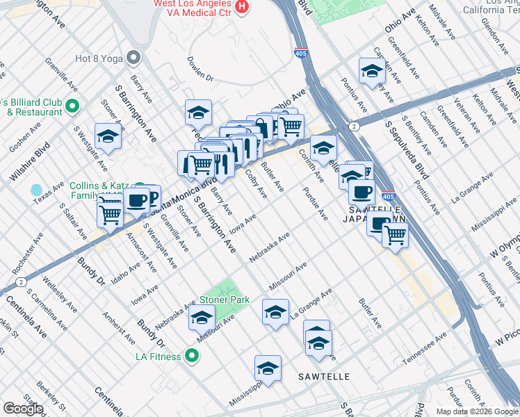 map of restaurants, bars, coffee shops, grocery stores, and more near 11565 Iowa Avenue in Los Angeles