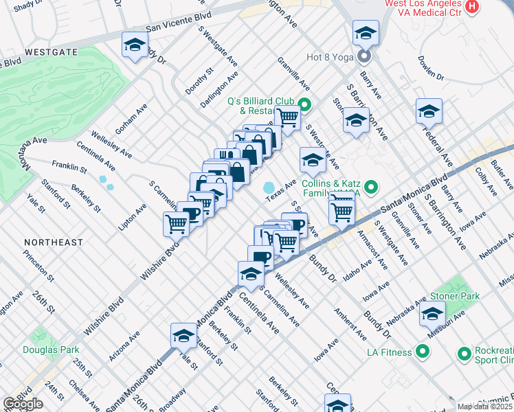 map of restaurants, bars, coffee shops, grocery stores, and more near 1250 Amherst Avenue in Los Angeles