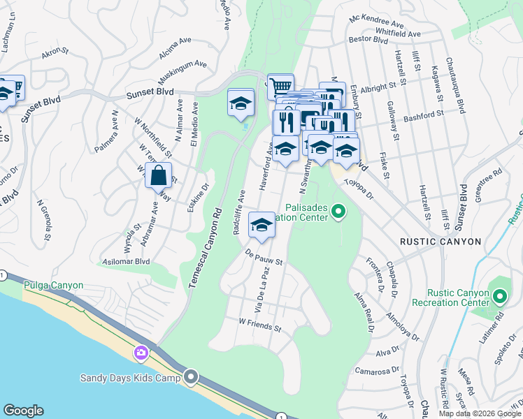 map of restaurants, bars, coffee shops, grocery stores, and more near 700 Haverford Avenue in Los Angeles