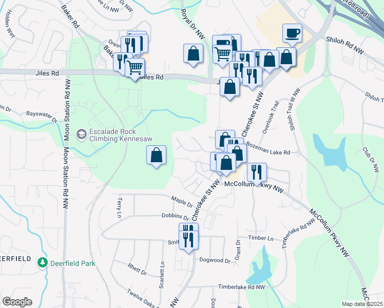 map of restaurants, bars, coffee shops, grocery stores, and more near 1414 Shiloh Way in Kennesaw