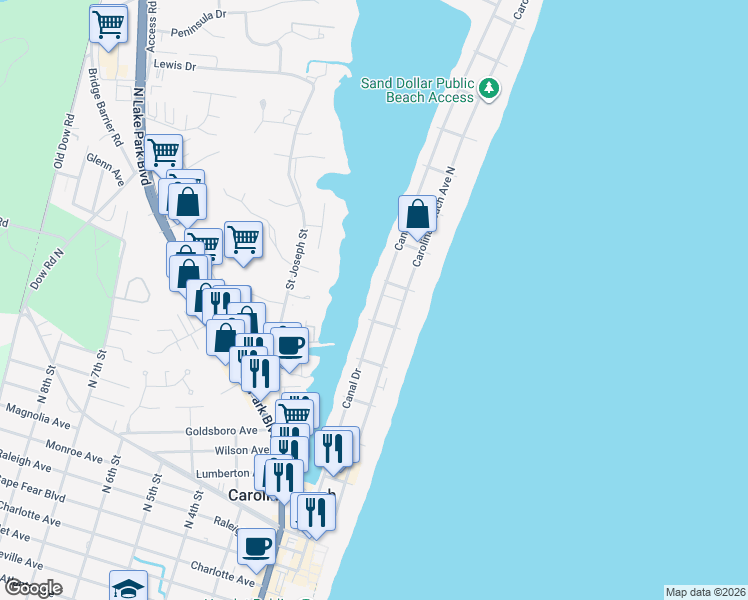 map of restaurants, bars, coffee shops, grocery stores, and more near 701 Canal Drive in Carolina Beach