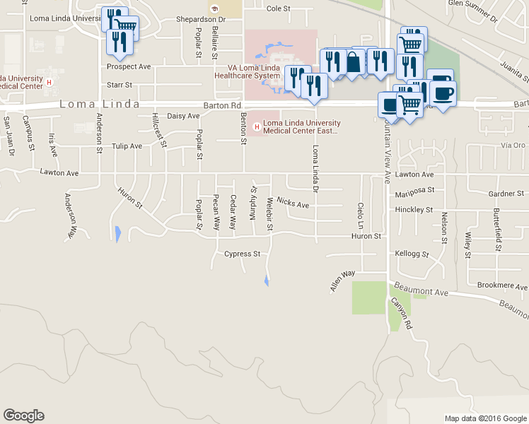 map of restaurants, bars, coffee shops, grocery stores, and more near 11629 Welebir Street in Loma Linda
