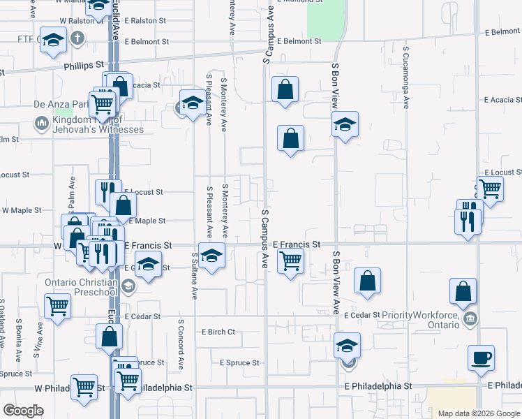 map of restaurants, bars, coffee shops, grocery stores, and more near 1716 South Campus Avenue in Ontario