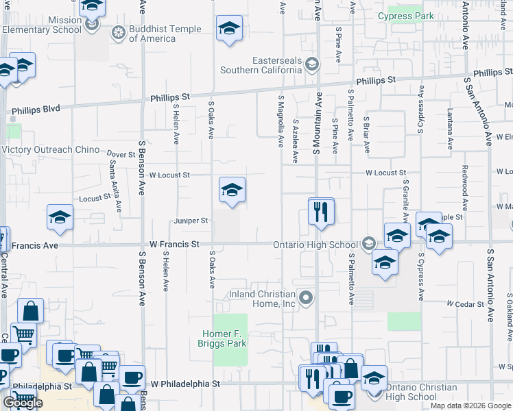 map of restaurants, bars, coffee shops, grocery stores, and more near 1717 South Elderberry Court in Ontario