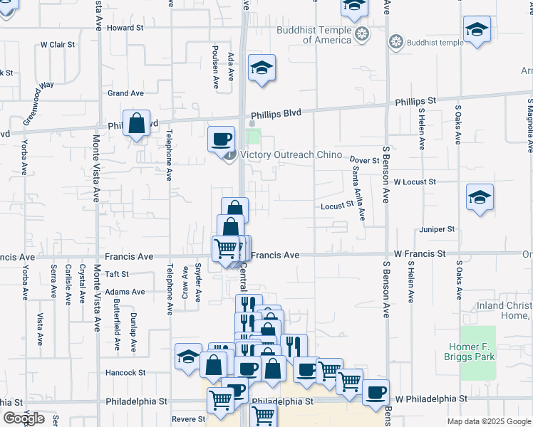map of restaurants, bars, coffee shops, grocery stores, and more near 5351 Mariner Lane in Chino