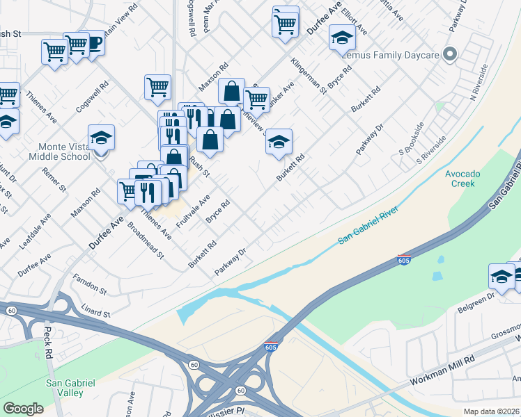 map of restaurants, bars, coffee shops, grocery stores, and more near 12512 Rush Street in South El Monte