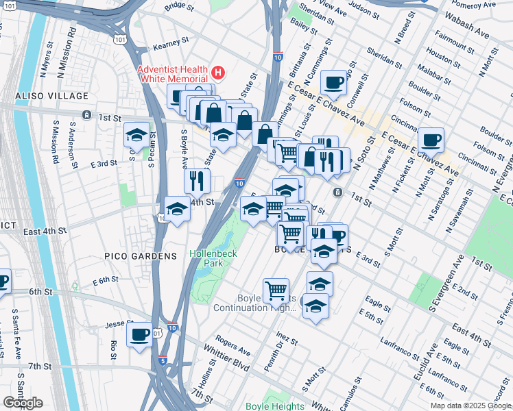 map of restaurants, bars, coffee shops, grocery stores, and more near 2107 East 4th Street in Los Angeles