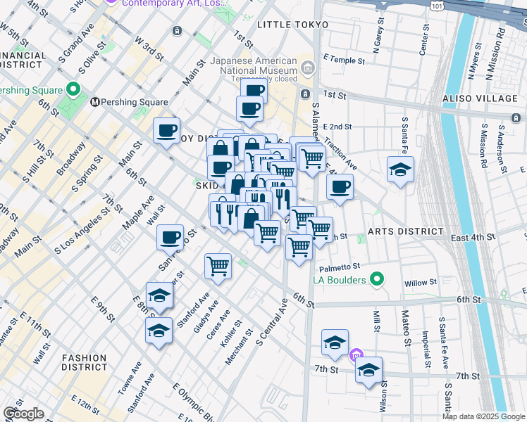 map of restaurants, bars, coffee shops, grocery stores, and more near in Los Angeles