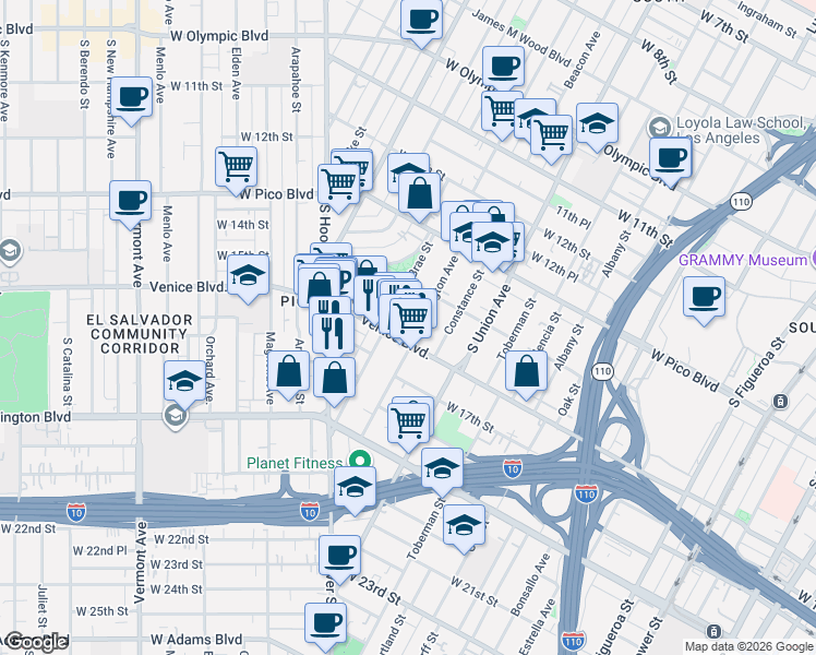 map of restaurants, bars, coffee shops, grocery stores, and more near 1201 Venice Boulevard in Los Angeles
