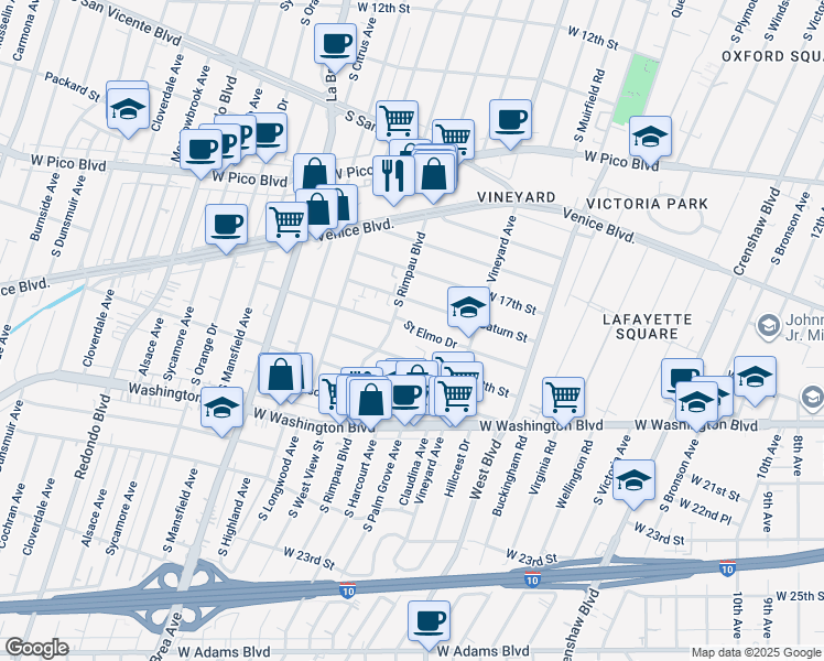 map of restaurants, bars, coffee shops, grocery stores, and more near 4710 Saint Elmo Drive in Los Angeles