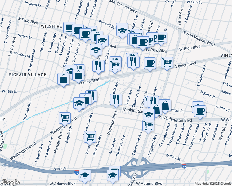 map of restaurants, bars, coffee shops, grocery stores, and more near 1854 South Cloverdale Avenue in Los Angeles