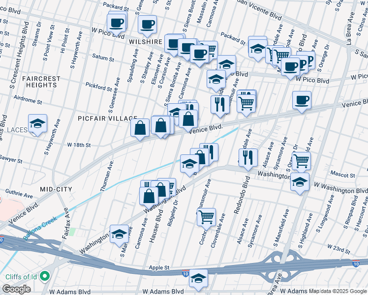 map of restaurants, bars, coffee shops, grocery stores, and more near 1756 Hauser Boulevard in Los Angeles