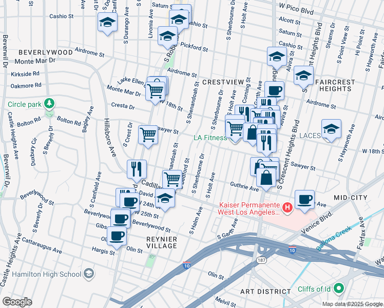 map of restaurants, bars, coffee shops, grocery stores, and more near 1946 South Bedford Street in Los Angeles