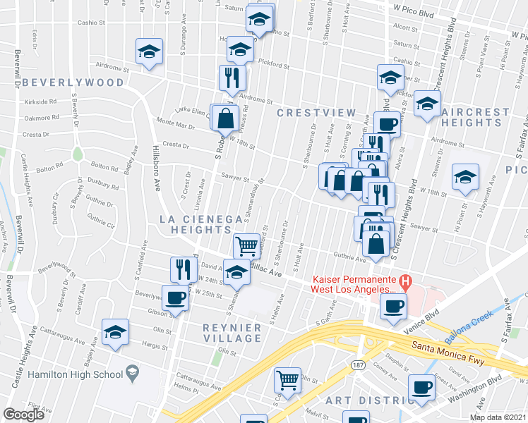 map of restaurants, bars, coffee shops, grocery stores, and more near 1946 South Bedford Street in Los Angeles