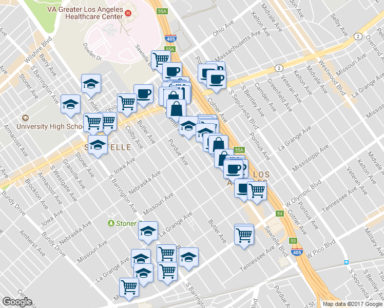 map of restaurants, bars, coffee shops, grocery stores, and more near 1816 Purdue Avenue in Los Angeles