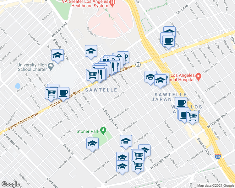 map of restaurants, bars, coffee shops, grocery stores, and more near 11578 Iowa Avenue in Los Angeles