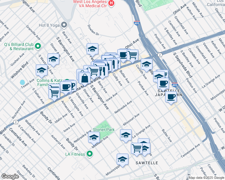 map of restaurants, bars, coffee shops, grocery stores, and more near 1626 Barry Avenue in Los Angeles