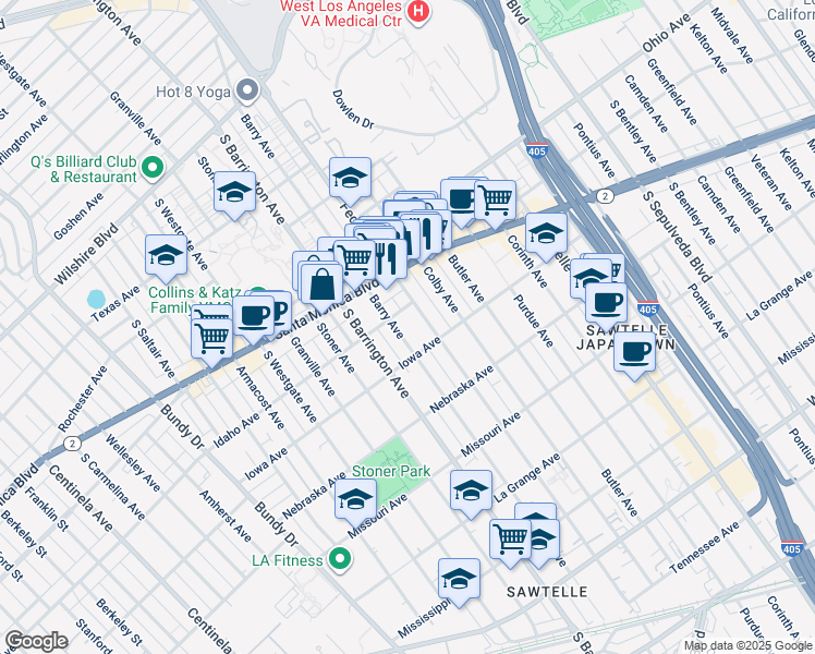 map of restaurants, bars, coffee shops, grocery stores, and more near 1626 Barry Avenue in Los Angeles