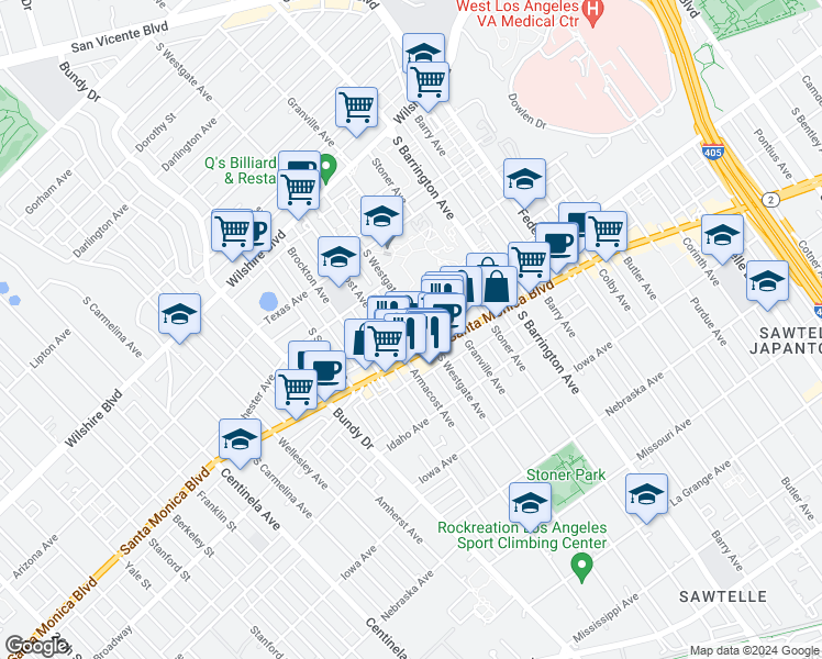 map of restaurants, bars, coffee shops, grocery stores, and more near 11851 California 2 in Los Angeles