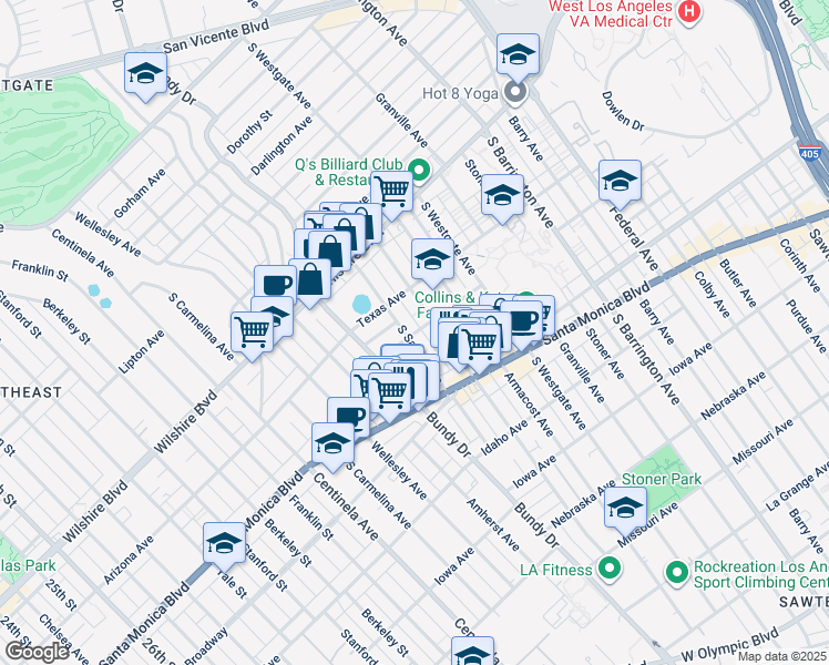 map of restaurants, bars, coffee shops, grocery stores, and more near 12000 Rochester Avenue in Los Angeles