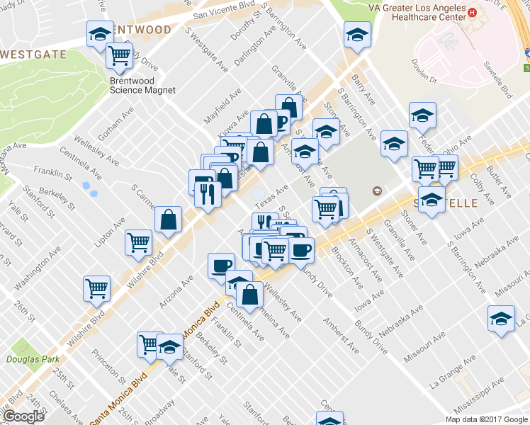 map of restaurants, bars, coffee shops, grocery stores, and more near 1316 South Bundy Drive in Los Angeles