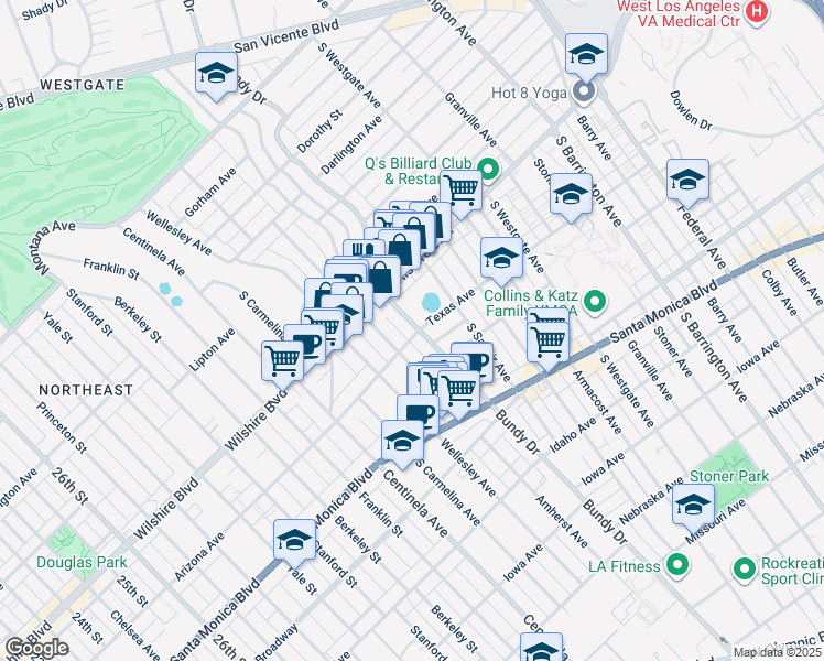 map of restaurants, bars, coffee shops, grocery stores, and more near 1250 Amherst Avenue in Los Angeles