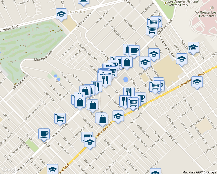 map of restaurants, bars, coffee shops, grocery stores, and more near 12222 Wilshire Boulevard in Los Angeles