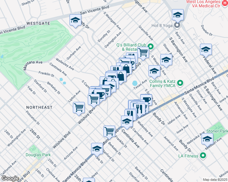 map of restaurants, bars, coffee shops, grocery stores, and more near 1249 South Bundy Drive in Los Angeles