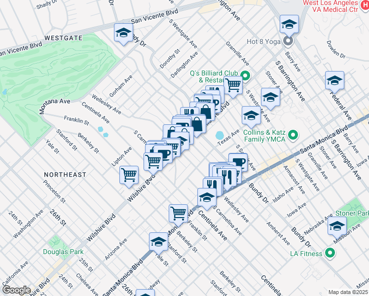 map of restaurants, bars, coffee shops, grocery stores, and more near 12222 Wilshire Boulevard in Los Angeles