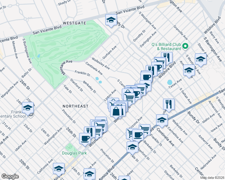 map of restaurants, bars, coffee shops, grocery stores, and more near 1050 Franklin Street in Santa Monica
