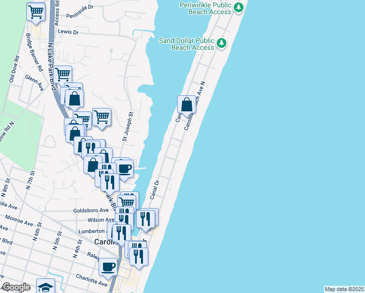 map of restaurants, bars, coffee shops, grocery stores, and more near 707 Carolina Beach Avenue North in Carolina Beach