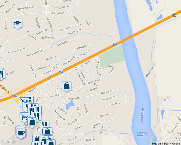 map of restaurants, bars, coffee shops, grocery stores, and more near 1920 Ashford Lane in Columbia