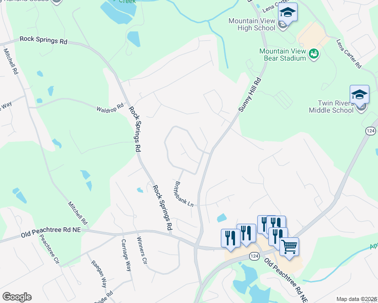 map of restaurants, bars, coffee shops, grocery stores, and more near 2456 Battery Pointe Northeast in Lawrenceville