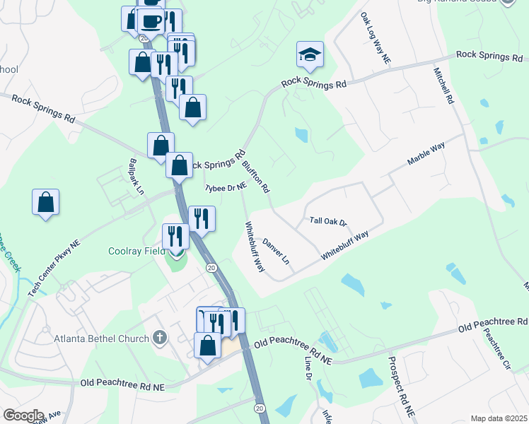 map of restaurants, bars, coffee shops, grocery stores, and more near 2640 Bluffton Road in Buford