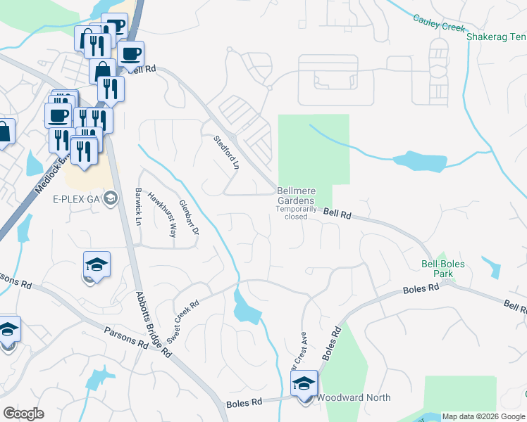 map of restaurants, bars, coffee shops, grocery stores, and more near 630 Weeping Branch Court in Duluth
